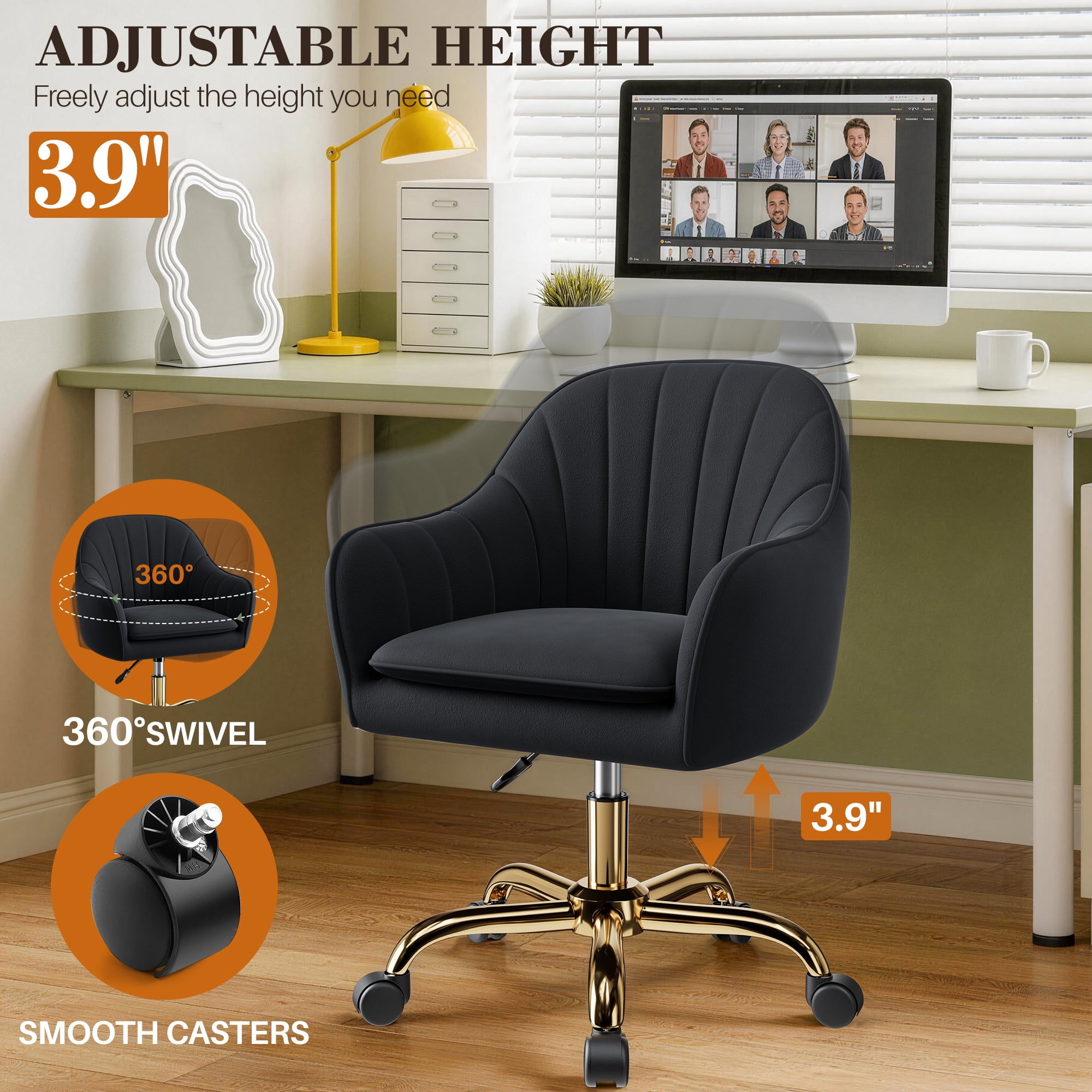 COOLHUT Office Desk Chair with Padded, Velvet Vanity Chair with Back and Wheels, Comfy Home Office Chiar with Gold Legs, Height Adjustable, Rolling Chair for Vanity Room, Makeup Room, Bedroom, Black