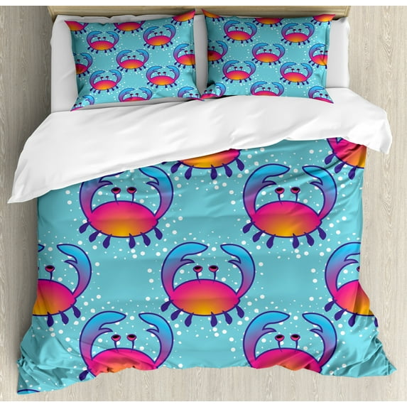 Crab Duvet Cover Set King Size, Colorful Sea Crab Sketches on Bubble Shaped Dotted Background Nautical Art Print, Decorative 3 Piece Bedding Set with 2 Pillow Shams, Aqua Multicolor, by Ambesonne