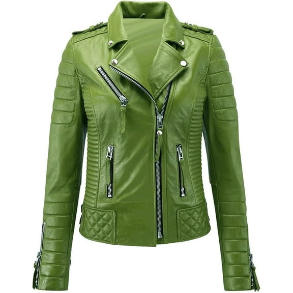 HOT Women's Genuine Lambskin Real Quilted Green Leather Jacket Stylish Collared Biker Coat W177
