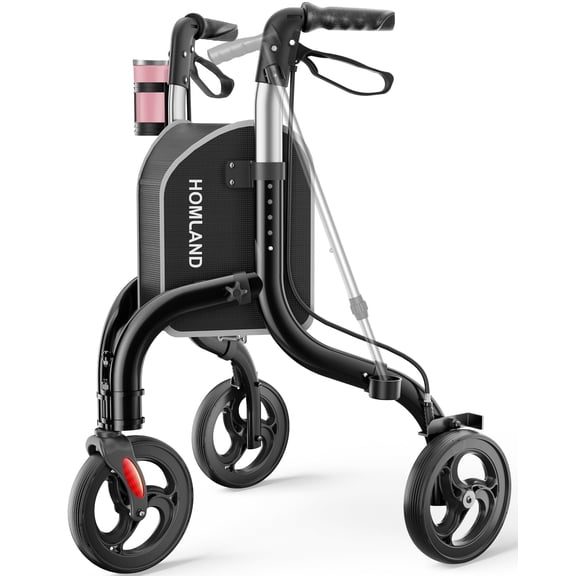 HOMLAND 3-Wheel Folding Walkers for Seniors, Lightweight Three Wheel Walker with Cane and Cup Holder, Height Adjustable Narrow Space Mobility Aid - Black