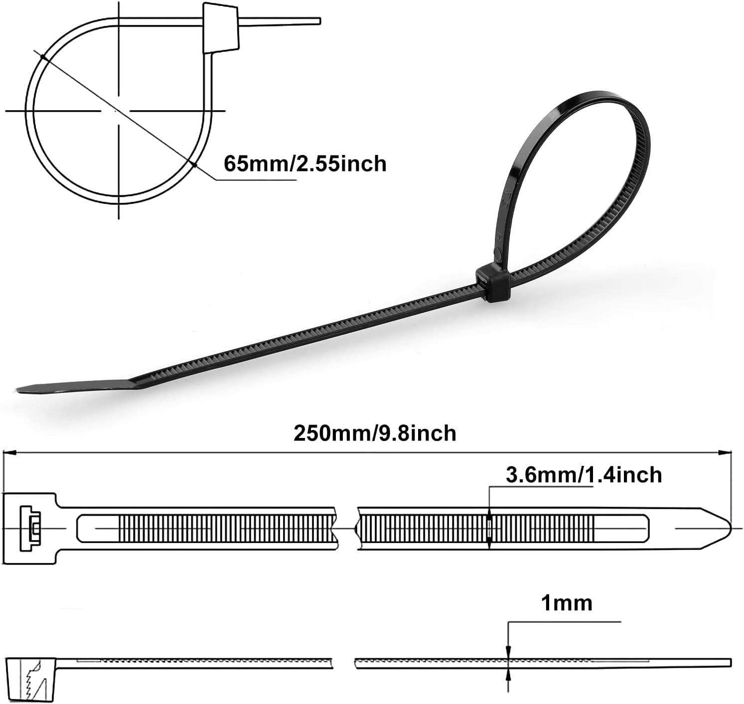 CV-250B - Excel Cable Ties 3.6 mm x 300 mm Black (100-Pack)