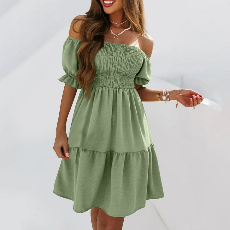 Uaswgudfs Women's Summer Casual Off-Shoulder Short Sleeve Midi Dress -  Ruffle Tiered Skirt & Pleated Bodice Versatile Chic Green S - Walmart.com