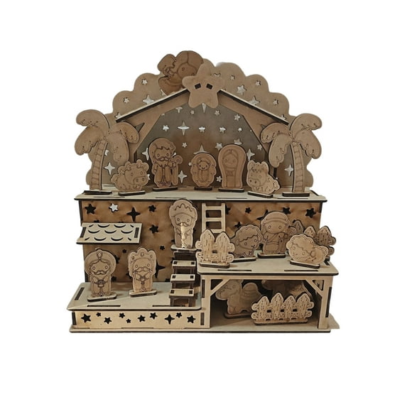 Nacimiento artesanal de 22 piezas elaborado en MDF natural, con figuras detalladas que crean una escena navideña completa. Ideal para decorar hogares, mesas, repisas, oficinas o proyectos temáticos.