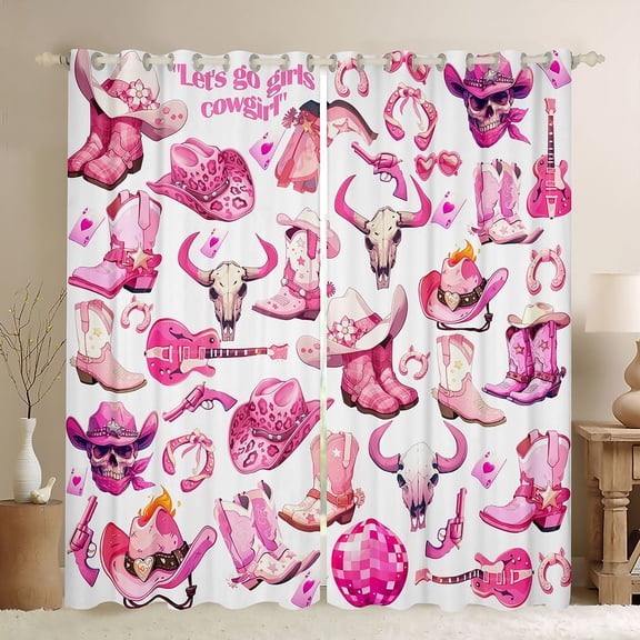 Homewish Children Teenagers Western Cowgirls Boots Hats Black Out Curtains,Disco Ball Guitar Curtains Pack of 2 (42x63 Each),Old Fashion Bedroom Curtains,Ultra Soft Home Decor