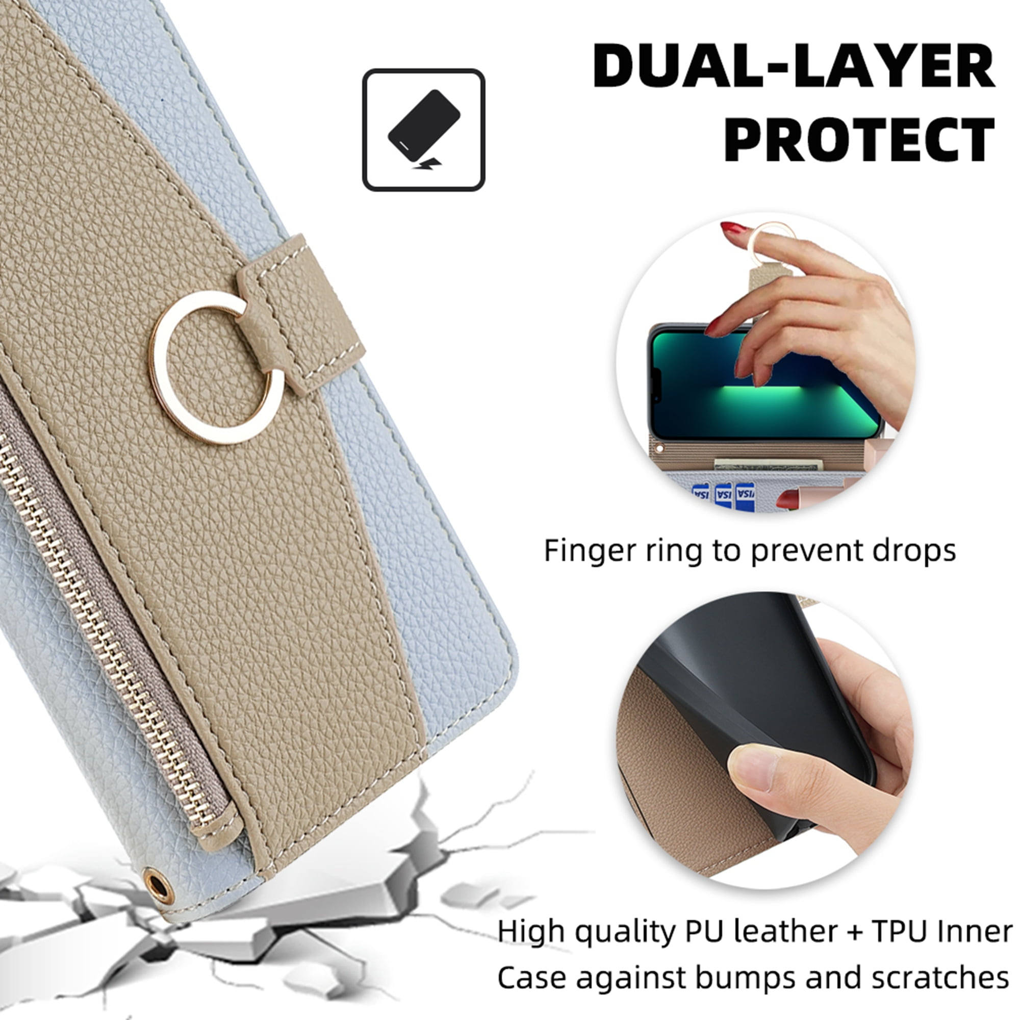 Dteck Crossbody Wallet Case for Samsung Galaxy S20 FE, Premium Color-Blocking PU Leather Zipper Purse with Card Holder Mini Mirror for Women Girls, Folio Flip Phone Case with Magnetic Closure,Blue