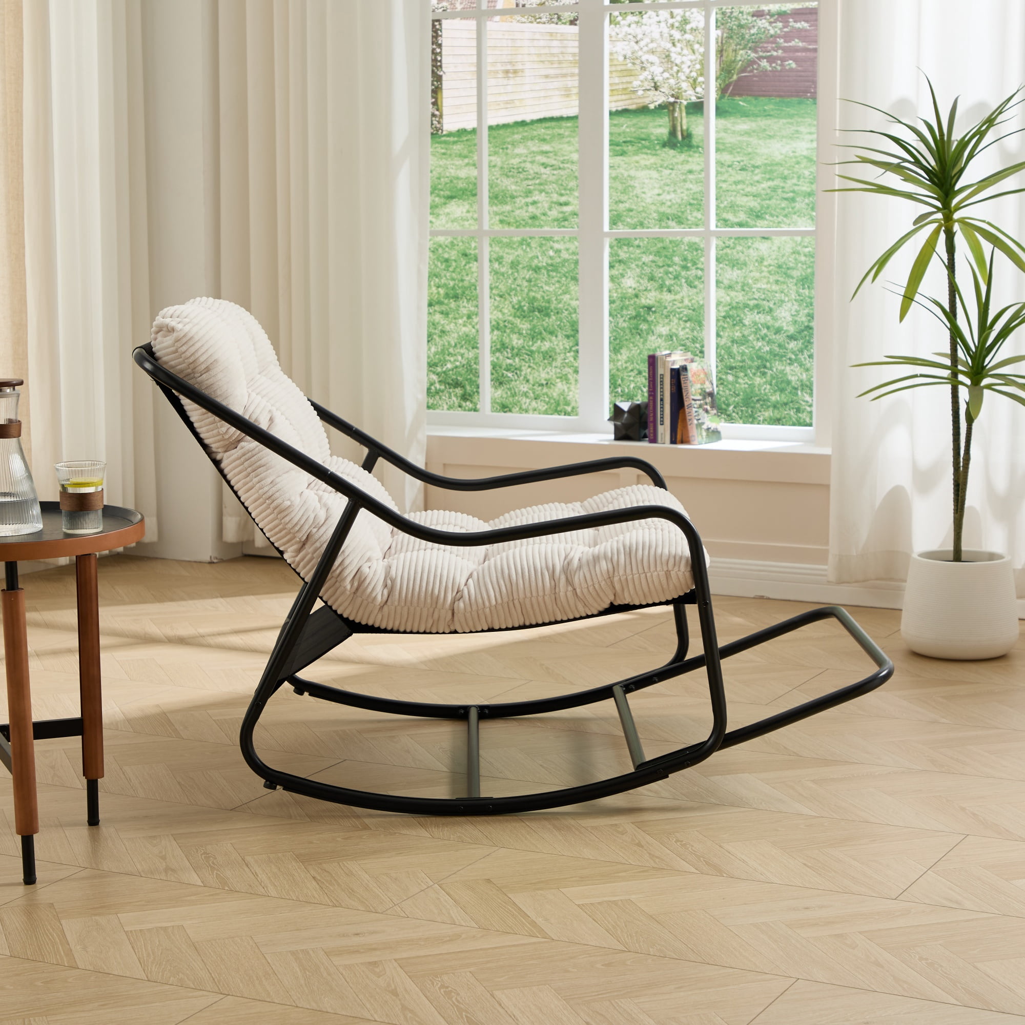 Outdoor Rocking Chair with Cushion, Patio Comfy Rocker with Thick Padding, Modern Sling Chair for Porch, Garden, Reading Nook, Black/White