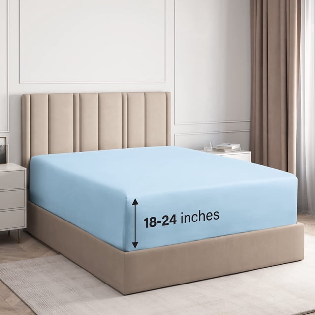 CGK Linens 100% Cotton 18" - 24" Inch Extra Deep Pocket Fitted Sheet Queen - Light Blue