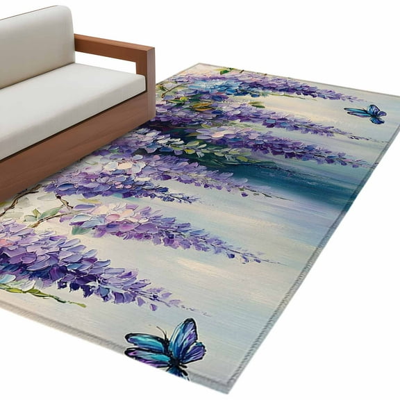 Purple Lavender Area Rug 3x5 FT, Non Slip Entryway Bedside Carpet, Butterfly Flower Abstract Brush Artwork Washable Soft Floor Carpet Indoor Mat Non-Shedding Throw Rug for Dorm Kitchen Home Office