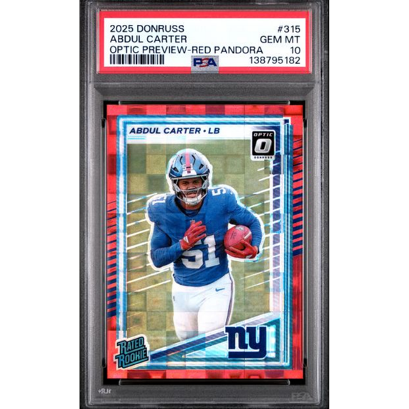 Graded 2025 Panini Donruss Abdul Carter #315 Optic Preview Red Pandora Rookie RC Football Card PSA 10 Gem Mint