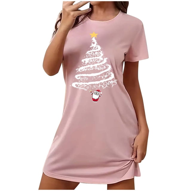 Chemises de Nuit Grande Taille pour Femmes, Noël, Manches Courtes, Robe de Nuit, Col Rond, Rose, 4TG