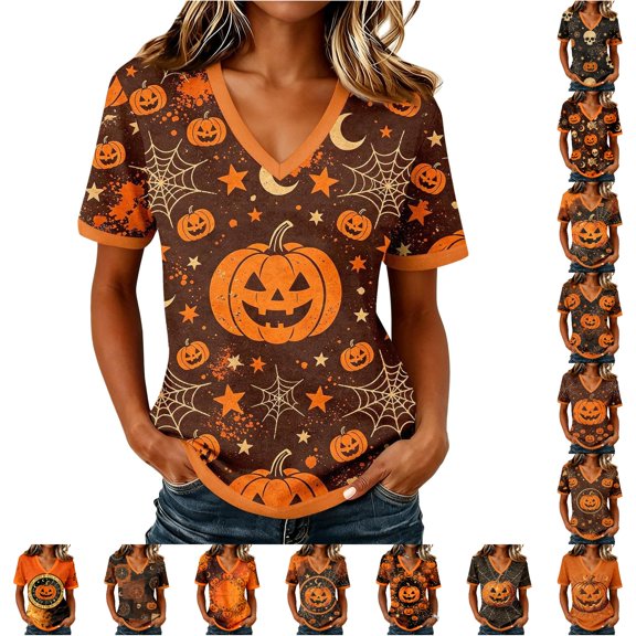 SIYUDAN Womens Halloween Shirts V Neck Short Sleeve Pumpkin Shirts for Women Womens Graphic Tshirts Orange Halloween Shirt Women Fall Shirt, Size S