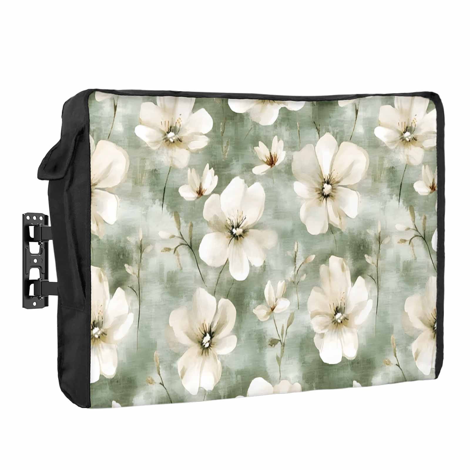 Vintage Magnolia Outdoor TV Cover 60 to 65 inch Weatherproof Waterproof, White Blooming Flower Green Oil Painting TV Enclosures with Remote Control Pocket Flat Screen Protector for Outside