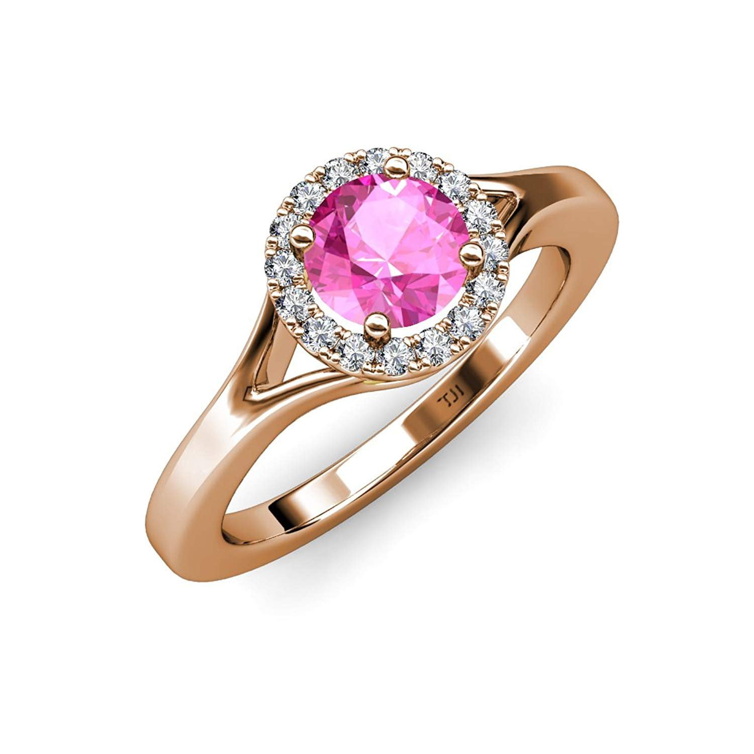Pink Sapphire and Diamond Halo Engagement Ring 1.11 ct tw in 14K Rose Gold by TriJewels