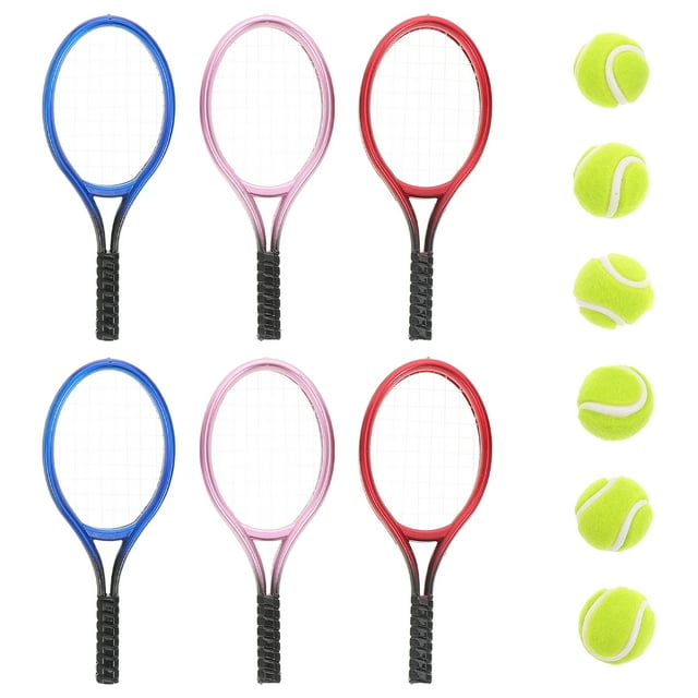 6 Set Mini Tennis Racket and Ball Set Miniature Tennis Kit Keyring Dollhouse Tennis Toy Tennis Racket Keychain Mini Tennis Cake Topper for Sports Equipment
