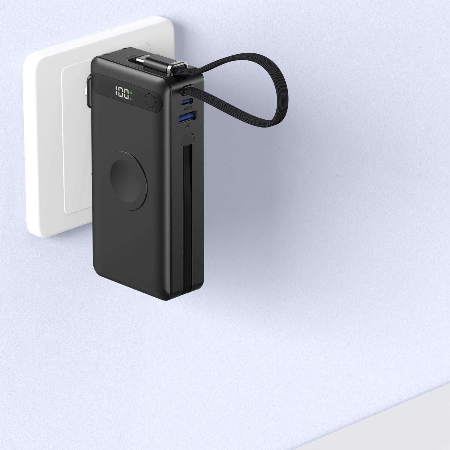 Black 5-in-1 Travel Power Bank (10,000mAh) — Built-in Foldable AC Wall Adapter and 3W Wireless Watch Charger; Multi-Device Charger with Integrated USB-C Cable; Portable External Battery Pack
