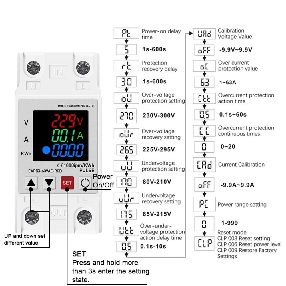 63A 230V 3IN1 Display Din Rail Adjustable Over Voltage Current Protective Device