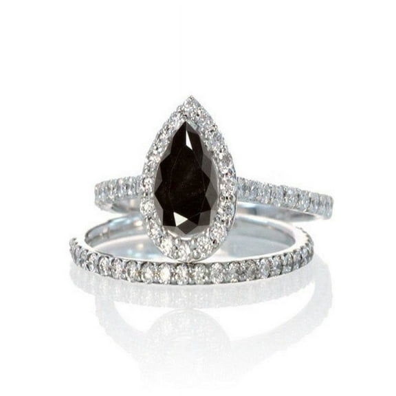 Limited Time Sale: 2 Carat Pear Cut Black and White Diamond Halo Bridal Wedding Engagement Ring Set for Woman in 10k White Gold