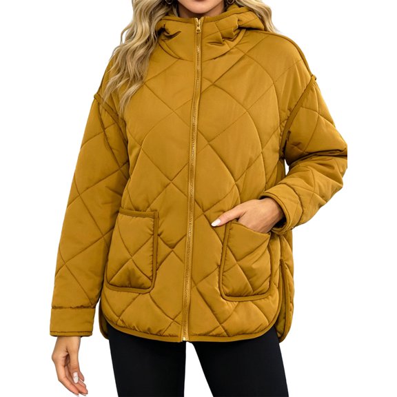 Winter Women Long Sleeve Zipper Quilted Coat Casual Loose Lightweight Hooded Puffer Jacket with Pocket