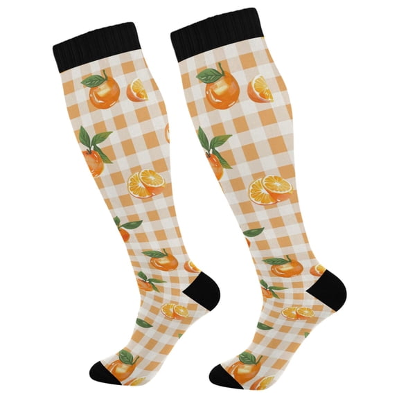Haosy Compression Socks for Men Women Knee High Running Socks for Nurse Hiking Recovery Travel Athletic 2 Pairs Orange on Gingham