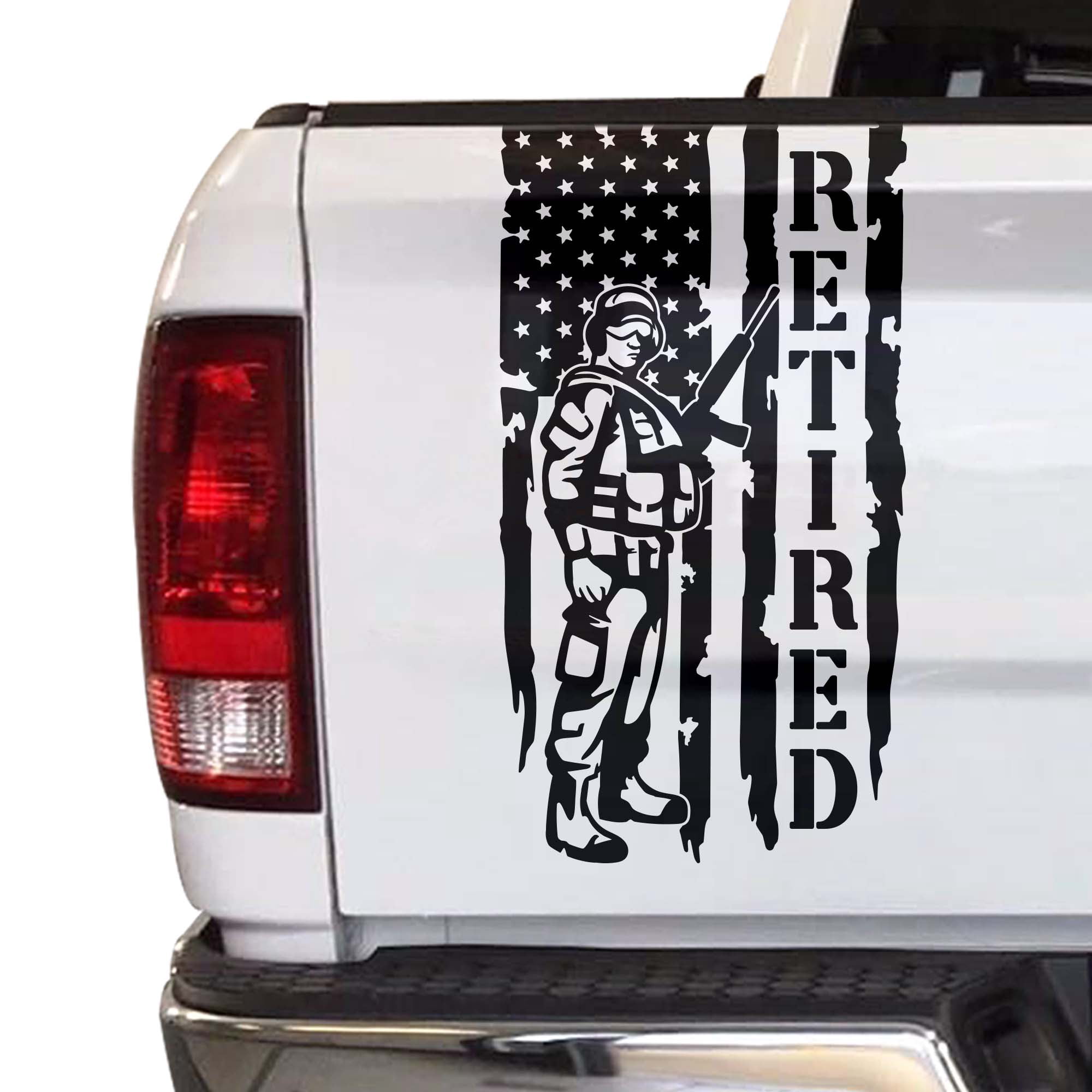ALDERA GRAPHICS Veteran American Flag Truck Tailgate Decal - 10x18 Inch, Distressed Design, US Army Navy USMC USAF, White Vinyl