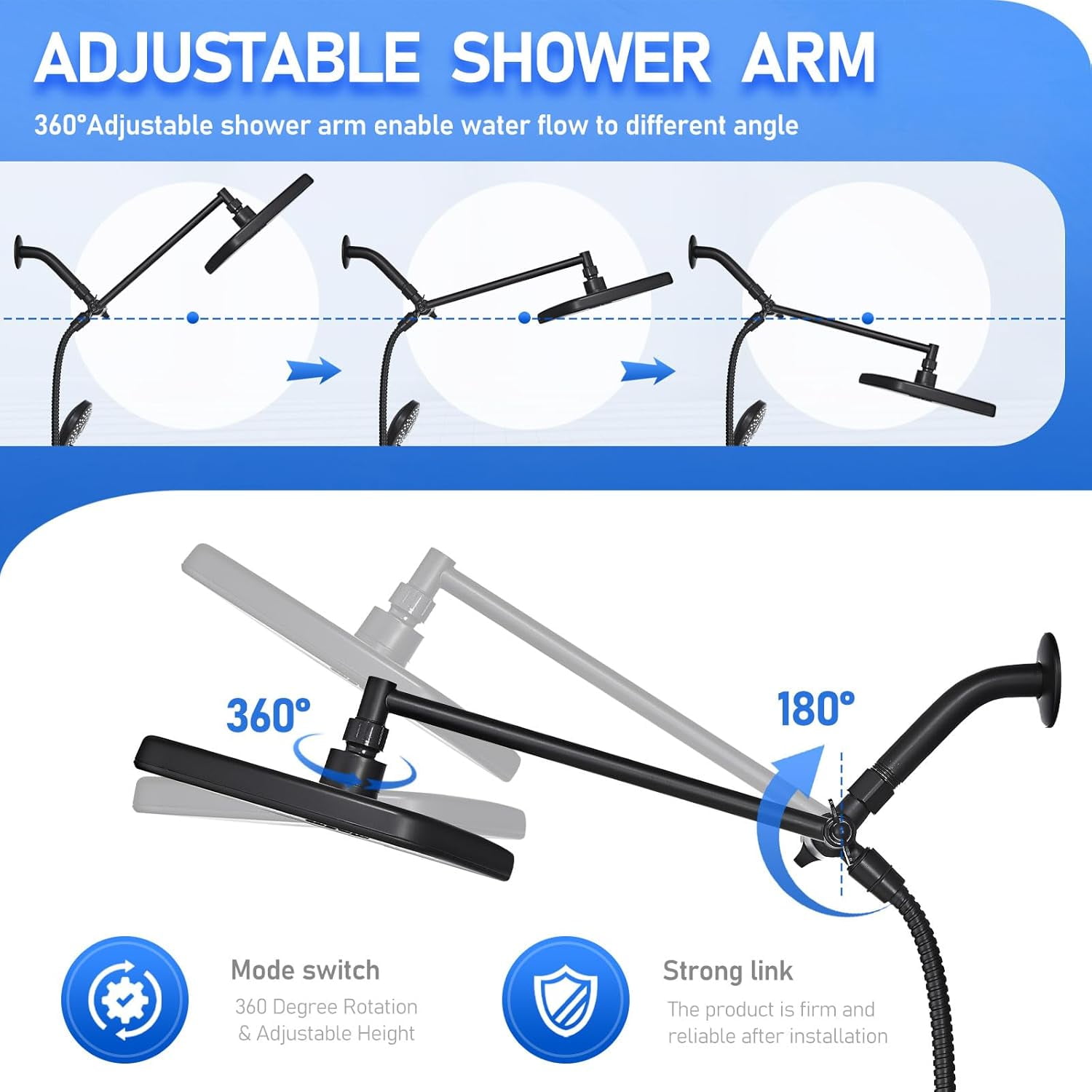 Wide Rain Shower Head With 5 Modes Handheld Showerheads, High Pressure Showerhead Combo with Extension Arm for Bathroom Accessories, Adjustable Shower Head with Anti-Clog Nozzles (Black)