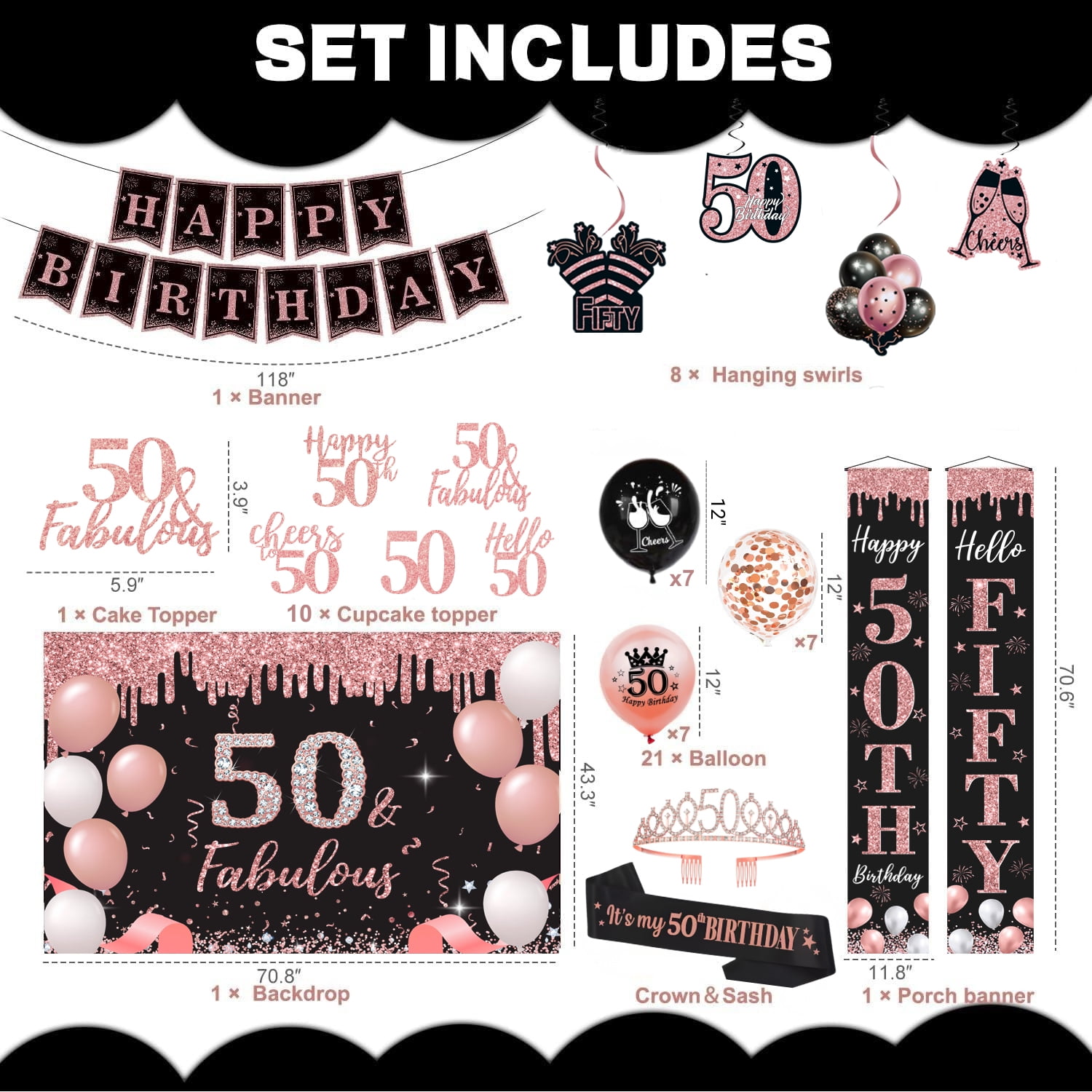 50th Birthday Party Decorations Kit Rose Gold Black – Happy 50th & Fabulous Banner, Crown & Sash, Balloons, Photo Backdrop, Hanging Swirls, Table Signs – 45PCS Decorations Set for Women