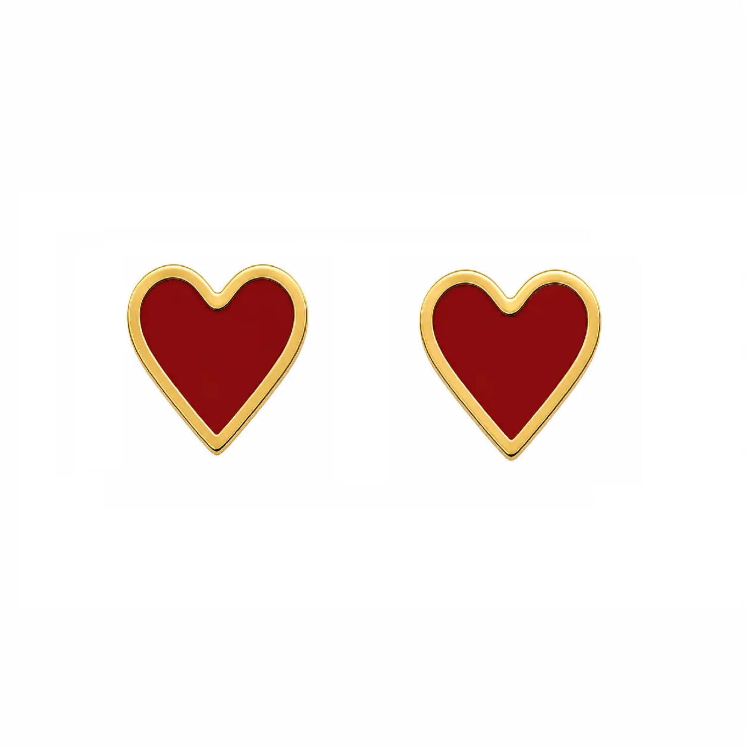 18K Solid Yellow Gold Red Enamel Heart Post Earring