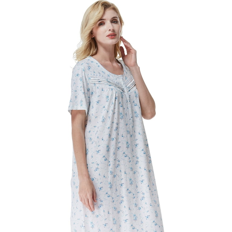Keyocean Women Nightgown, 100% Cotton Lightweight Short Sleeve Ladies Night  gown, Blue Floral, Small 