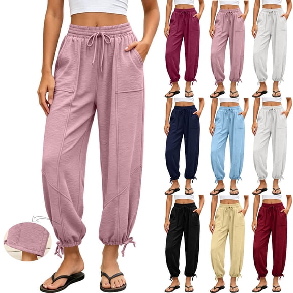 Favoffer Women's Yoga Jogger Pants Solid Color Elastic Waist Pocket Casual Sport Trousers Adjustable Cuff Bottom for Workout Running Outdoor