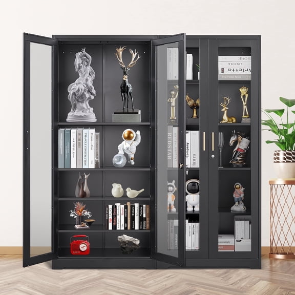 Polup 71''Tall Metal Black Display Cabinet with Glass Doors, Kitchen Cabinets with Lock and Adjustable Shelves