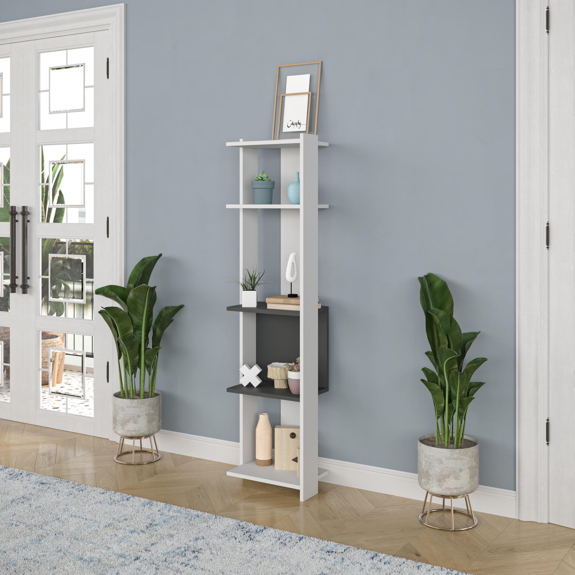 Ada Home Decor Abis 4 Tier Open Shelf Narrow Modern Bookcase, White Anthracite