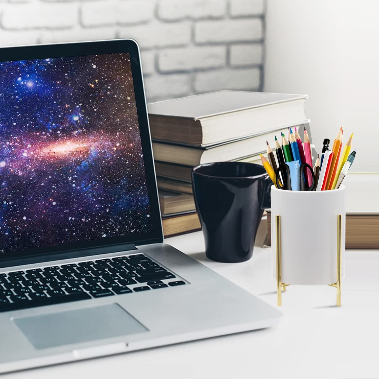 Gold Pencil Cup 2 Pcs White Ceramic Pencil Cup With Sturdy Metal Frame Makeup Brush Holder Decorate your Office Desktop, Classroom, Home, Cute and Elegant 4.7*3.15inch
