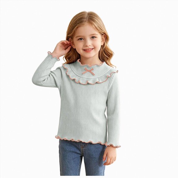 mgoYE Girls' Lettuce Trim Ribbed Shirts Cotton Blend Long Sleeve Crew Neck Base Layer Slim Fit Trendy Tops(Green,6-12 Months)