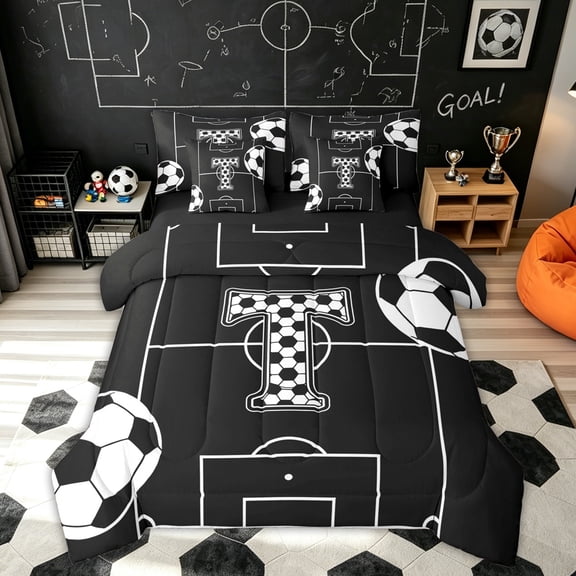 Feelyou Sporty Soccer Twin Bedding for Kids, Letter T Black White Honeycomb Bedding Comforter Set, Black Reversible, 7 Pieces