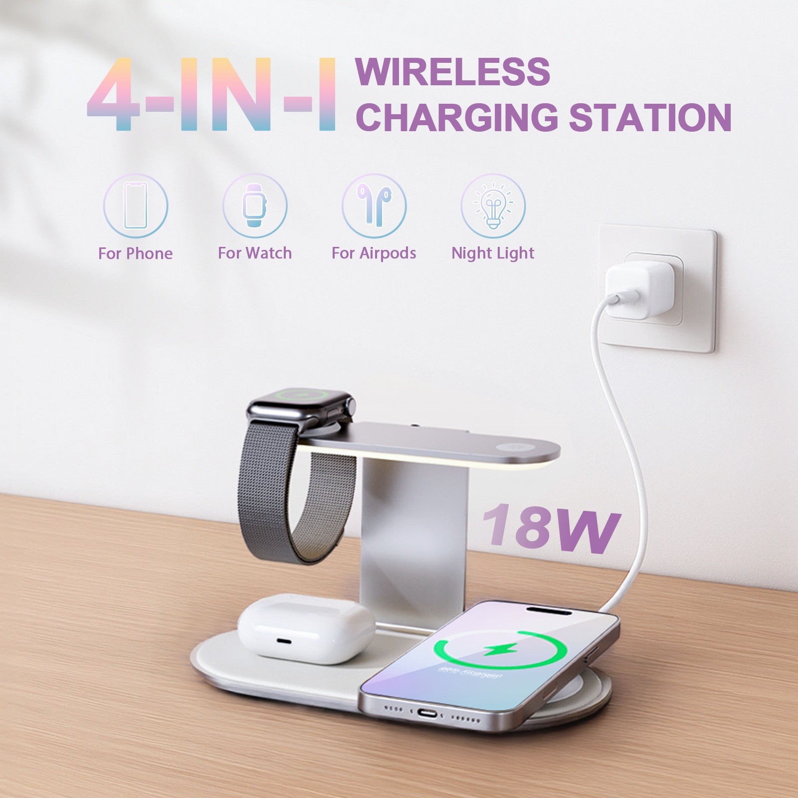 4 in 1 Charging Station,MagSafe Wireless Charger with Three Level soft Night Light 15W Max Fast Charging for iPhone 17 16 15 14 13 12,for iWatch Series for AirPods,USB-C Charger Included,White
