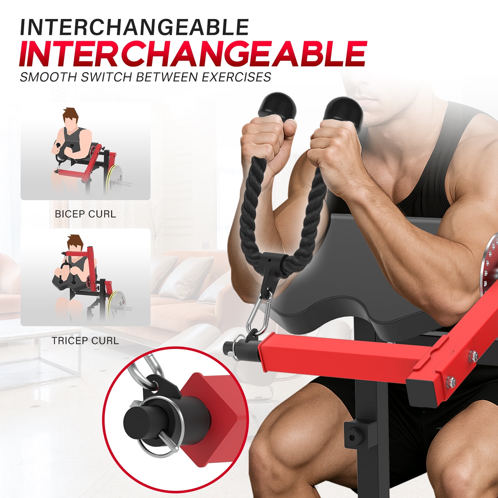 HeeH 2-in-1 Bicep Curl & Tricep Extension Machine - Arm Workout Bench for Home Gym (Red)