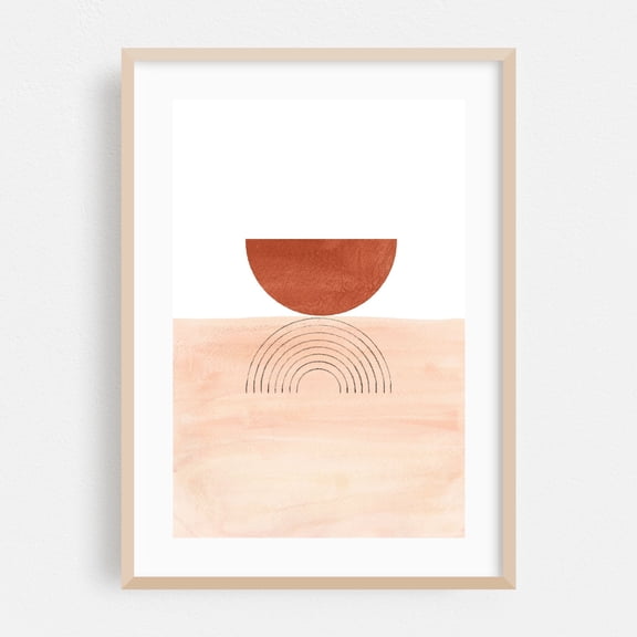 Terracotta and blush pink abstract - Mixed Media Abstract Minimalist Geometric Boho Watercolor Modern Art Pastel Oak Framed Wall Art Print 5 x 7 inches