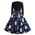 thumbnail image 4 of LWavelet Women's Long Sleeve Fit-and-Flare Dress, Cute Cartoon Bunny Print with Satin Bow Belt for Casual & Easter Outfits Dark Blue 4XL, 4 of 4