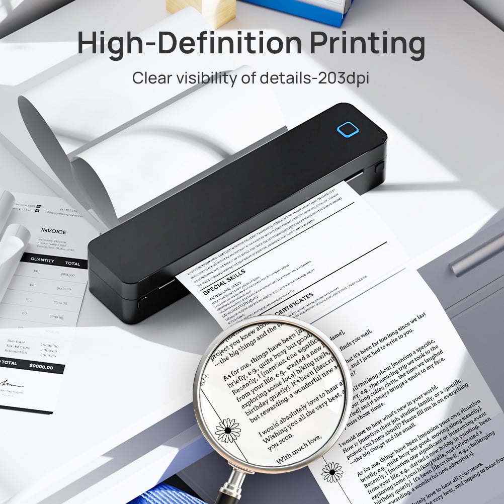 D830B Wireless Thermal Printer Portable for Travel Office School Includes 1 Paper Roll Supports A4 Letter Ink-Free iOS Android Laptop