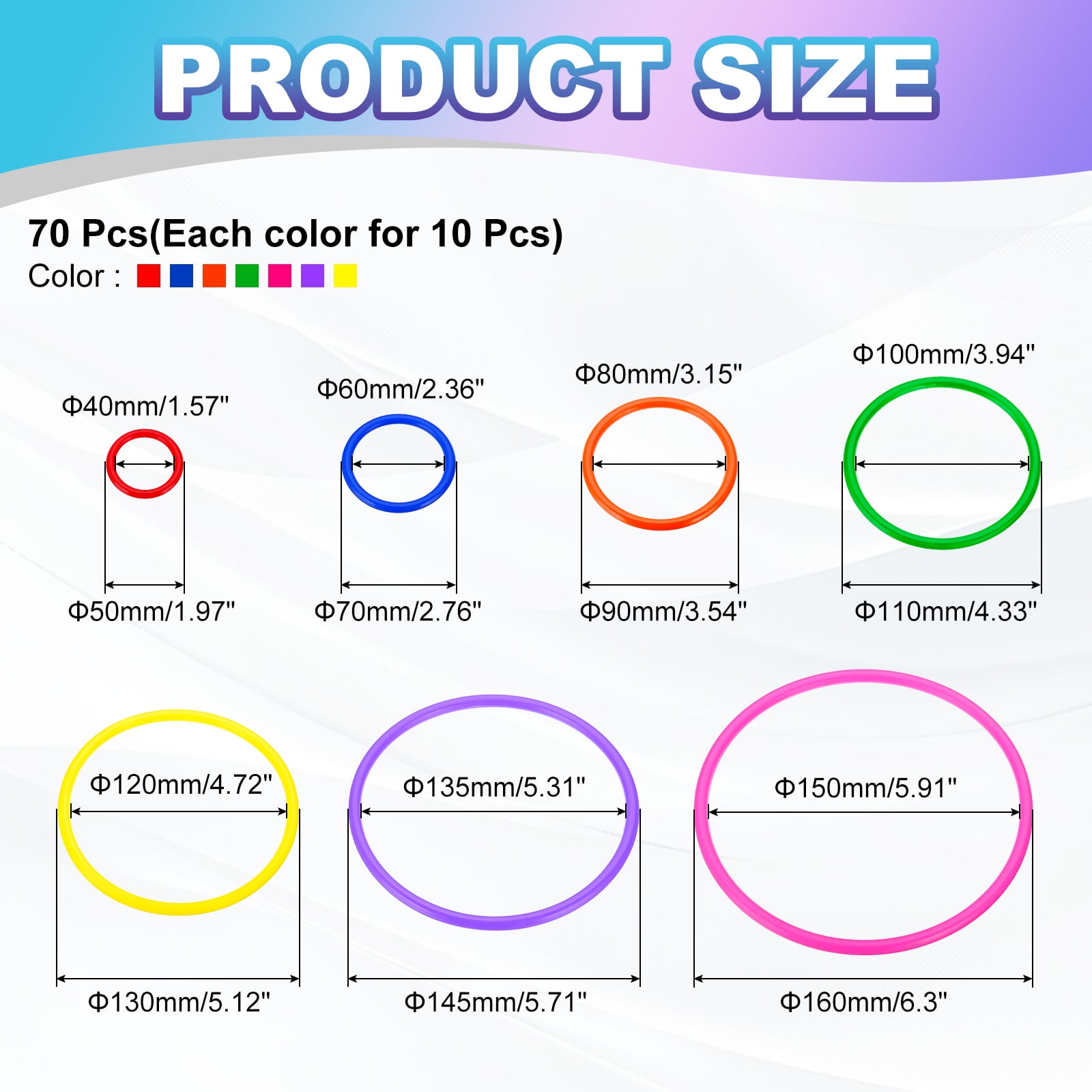 Uxcell Plastic Toss Ring 7 Sizes, 70 Pack Sports Rings Toss Game for Carnival Outdoor Games, 7 Colors