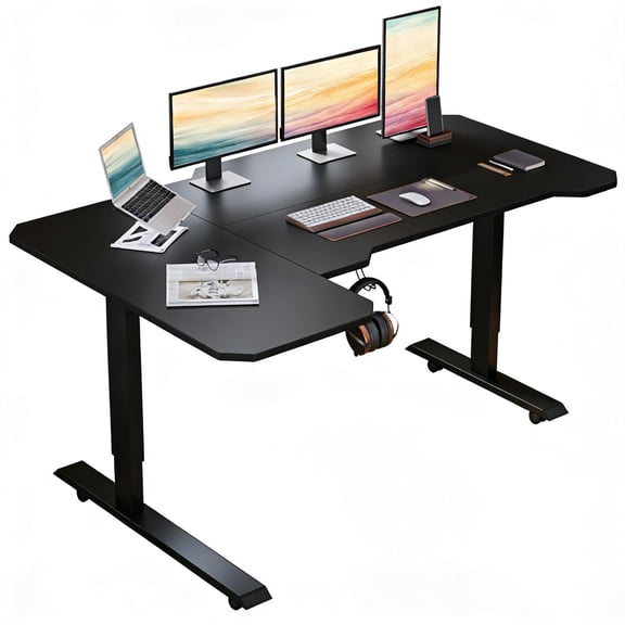 Electric L Shaped Standing Desk 59 Inch, Height Adjustable Corner Desk, Sit Stand L Computer Desk for Office with 4 Memory Presets, Under Desk Cable Basket, Side Hooks, Home Office Workstation, Black