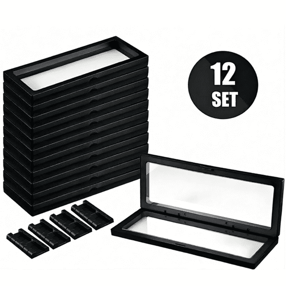 12 Pcs 3D Floating Display Case, Black Display Stand Holder 9"×3.54"×0.75" Suspension Frame for Medallion, Antique Challenge Coins, Chip, Jewelry
