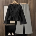 thumbnail image 2 of Xijirk Girls Outfits Elegant Two Piece Outfit Stylish Long Sleeve Blouse with Stripe Pants Waist Defining Set for Toddlers and Kids Dressy Occasions Photo Shoots,Black,12-13 Years, 2 of 3
