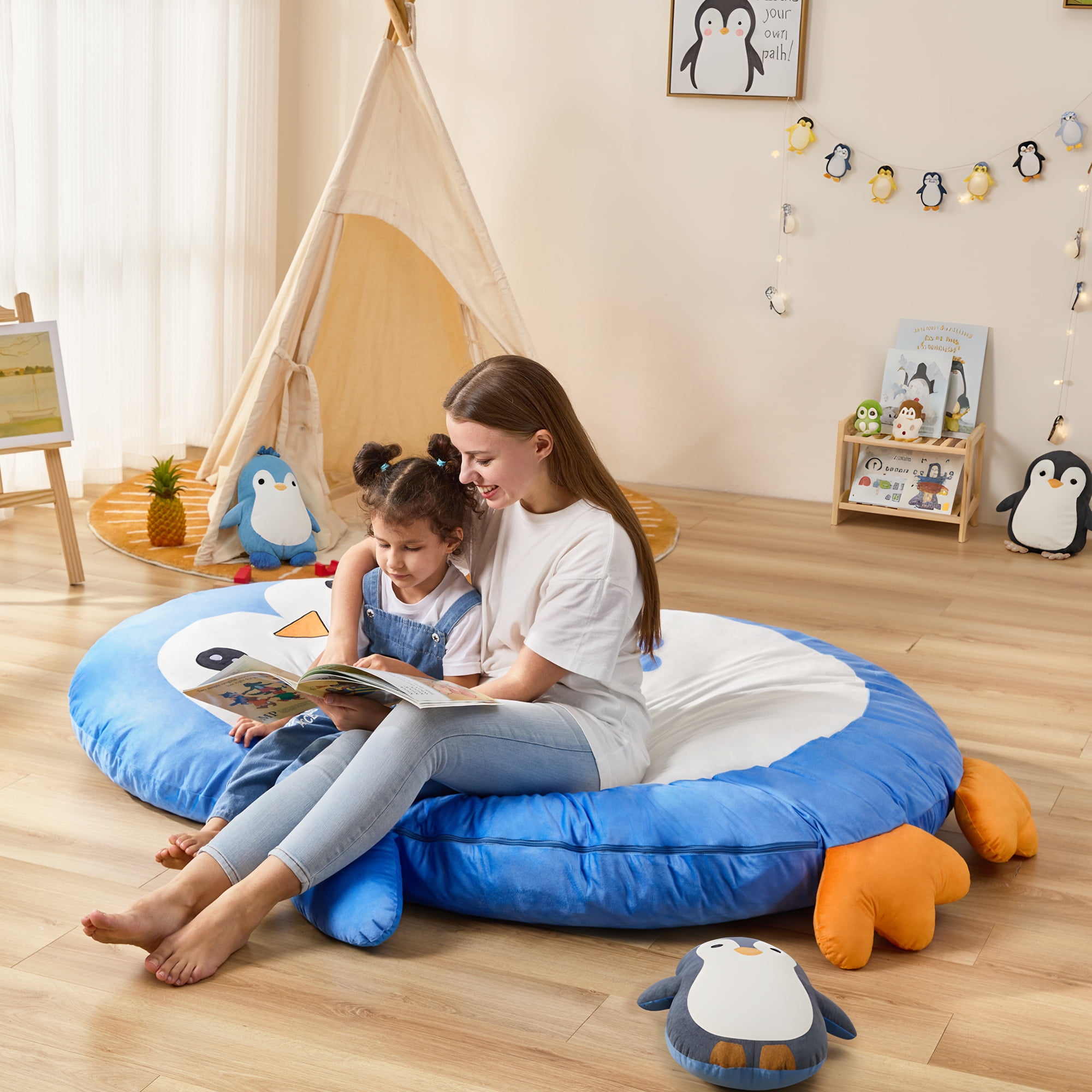 Hobestluk Bean Bag Chairs Bean Bag Floor Cushion Sleeping Mat Bean Bag Chair for Adults Beanbag Lounger for Living Room Bedroom or Playroom (Blue, Medium, Penguin)