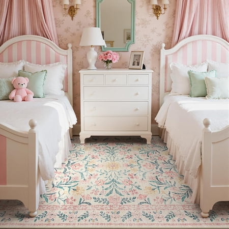 Pink Rugs for Bedroom Girls, 5x7 Washable Rug for Nursery Decor, Boho Soft Floral Carpet Non Slip, Indoor Ultra-Thin Floor Carpet for Baby Kids Room Living Room Dorm