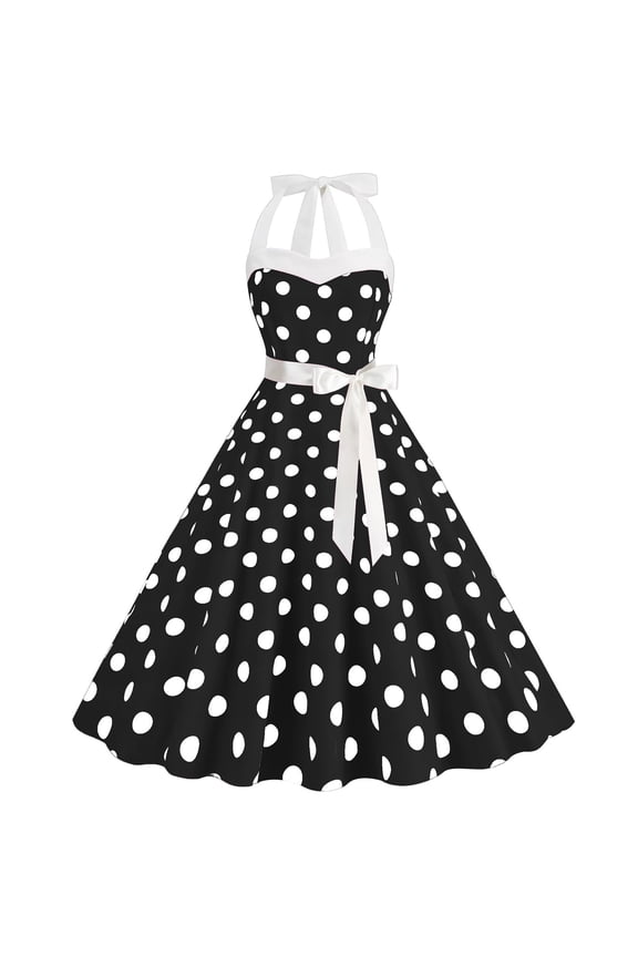 Vintage Women 1950s Rockabilly Swing Dress Pinup 50s Retro Hepburn Style Halterneck A-Line Dresses Black S