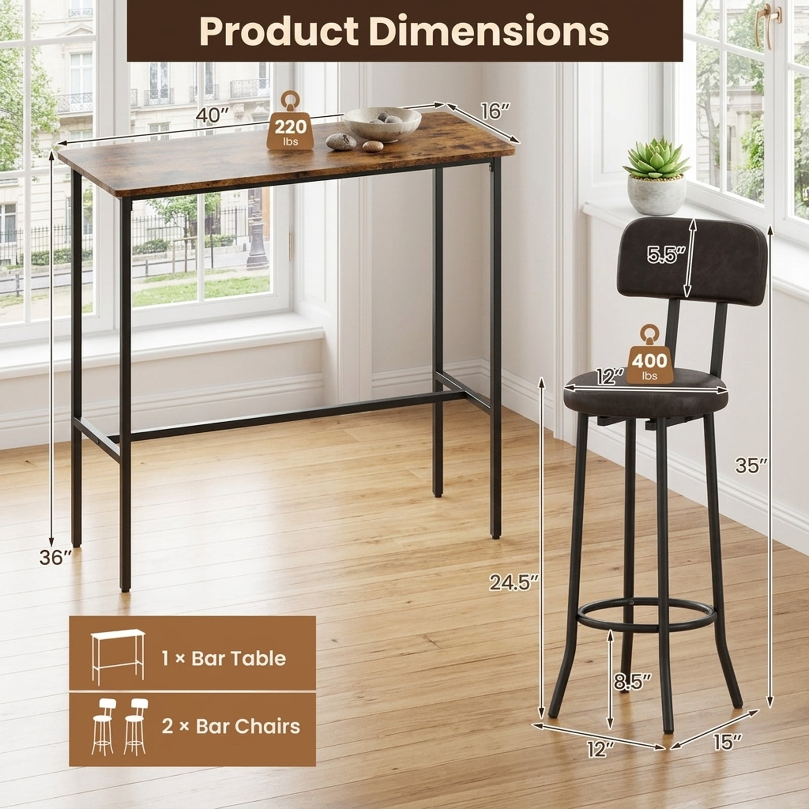 Furnibear 3-Piece Industrial Bar Table Set with 2 Upholstered Stools and Footrests for Dining Room for Kitchen Dining Room Breakfast, Rustic Brown