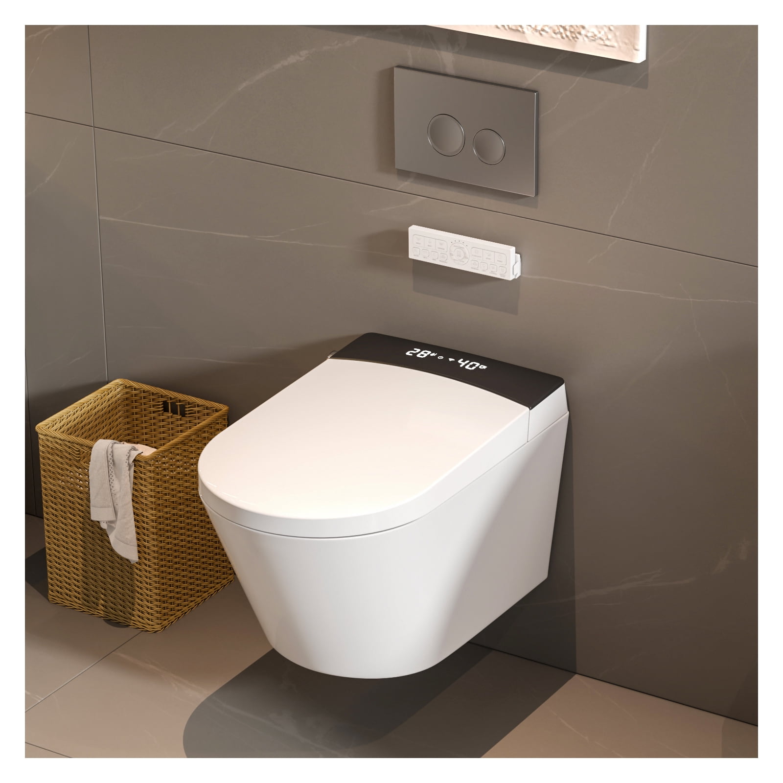 MEJE Intelligente Wandtoilette – Mit Bidet, Beheiztem Sitz, Warmlufttrockner, Automatischer Spülung & Fernbedienung, Weiß
