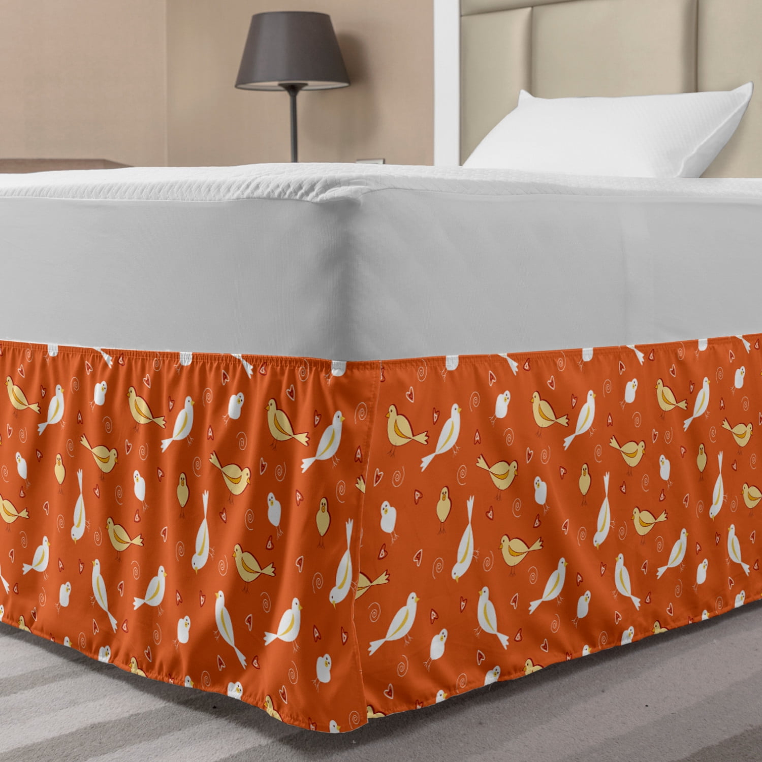Orange Bed Skirt, Birds with Heart Shapes Swirling Patterns on Burnt
