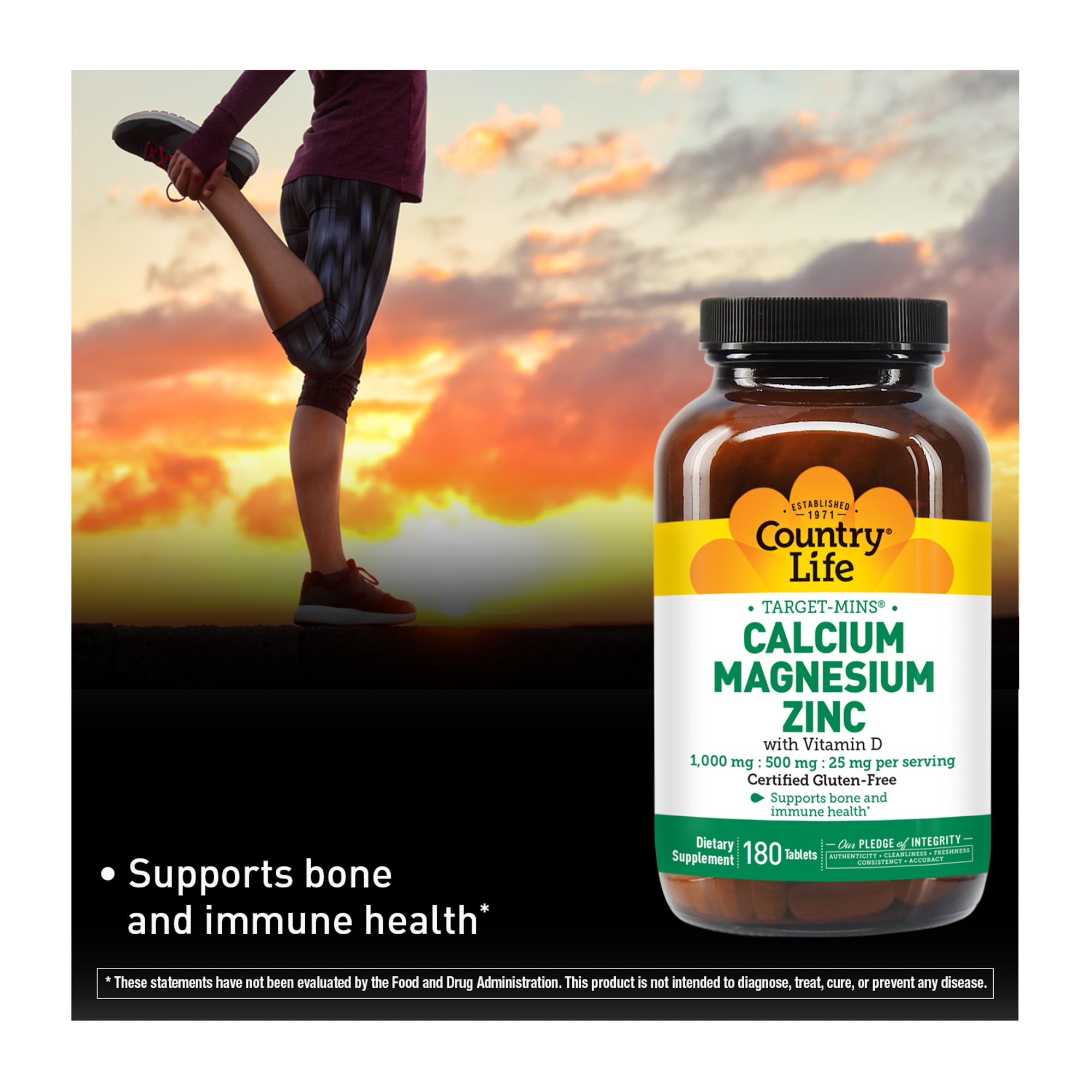 Country Life Calcium Magnesium Zinc with Vitamin D3 and L-Glutamic Acid, Dietary Supplement for Bone Support, Certified Gluten Free, 1000mg/500mg/25mg, 180 Tablets